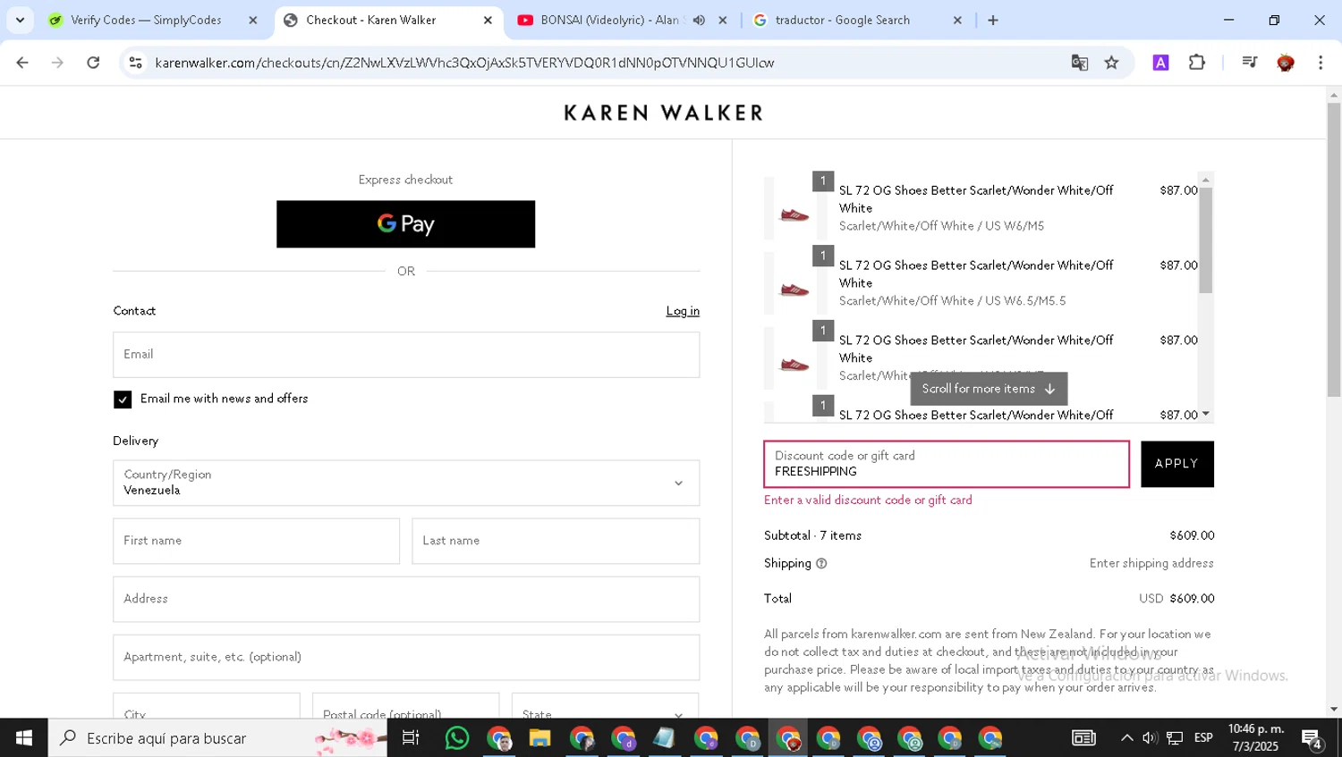 Karen Walker promo code screenshot showing code FREESHIPPING applied at Karen Walker checkout page. Uploaded by SimplyCodes community member BonusVoyager7570 on Mar 8, 2025