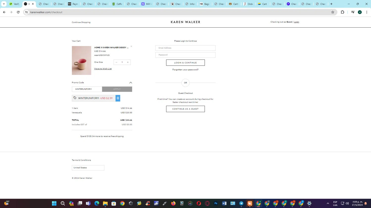 Karen Walker checkout page showing Karen Walker promo code box | Screenshot taken by SimplyCodes community member on May 17, 2024