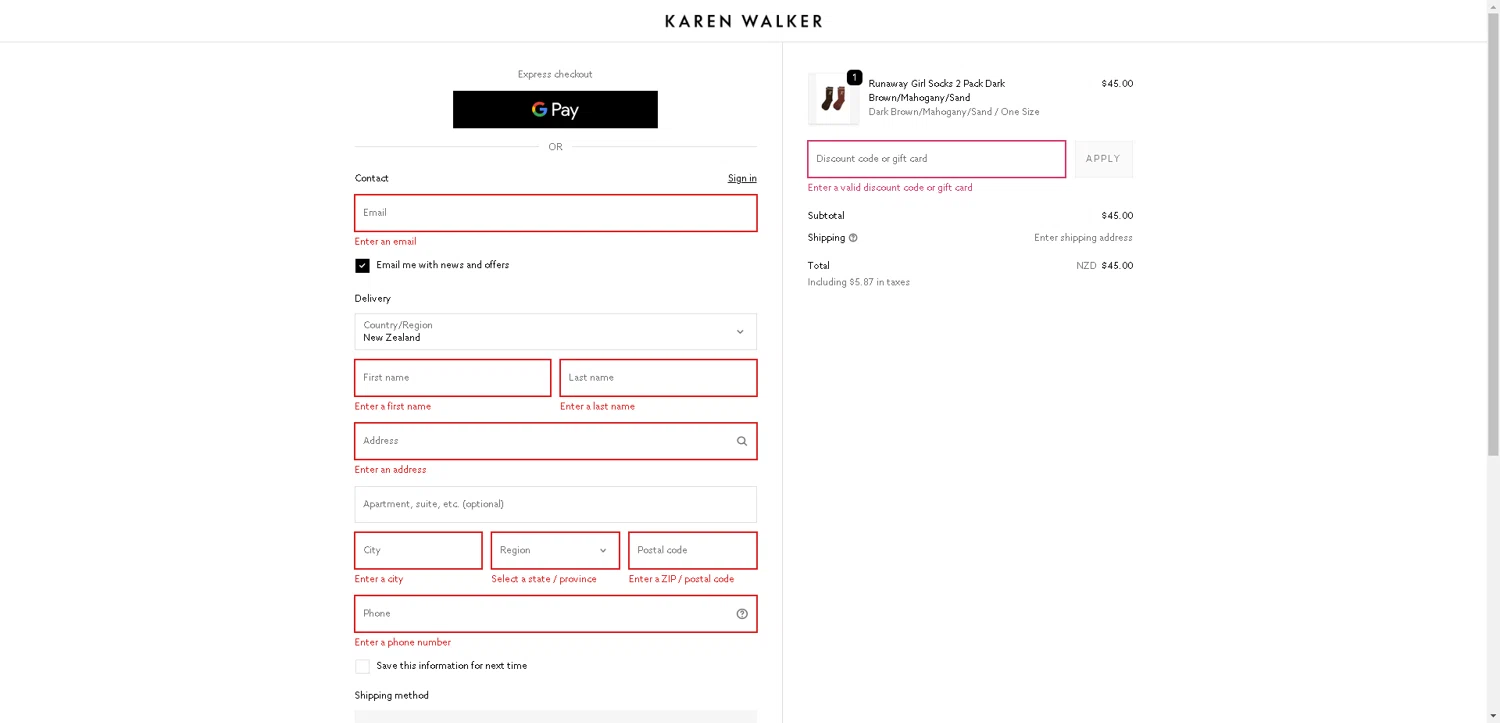 Karen Walker promo code screenshot showing code KWALLER01 applied at Karen Walker checkout page. Uploaded by SimplyCodes community member ExtraordinaryMaven3628 on Sep 30, 2025
