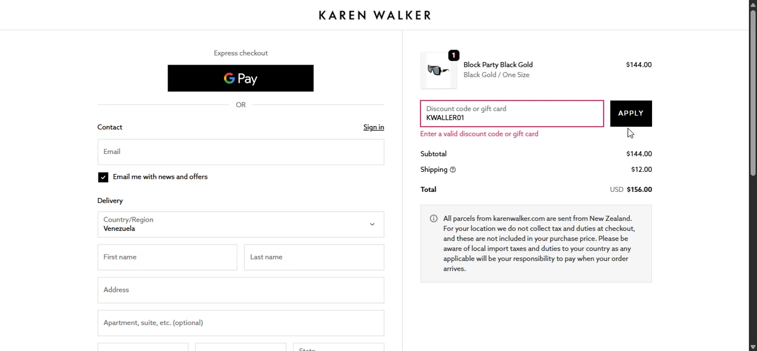 Karen Walker promo code screenshot showing code KWALLER01 applied at Karen Walker checkout page. Uploaded by SimplyCodes community member Prospecto on Sep 30, 2025