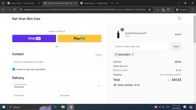 Kari Gran checkout page showing Kari Gran discount code box | Screenshot taken by SimplyCodes community member on May 13, 2024