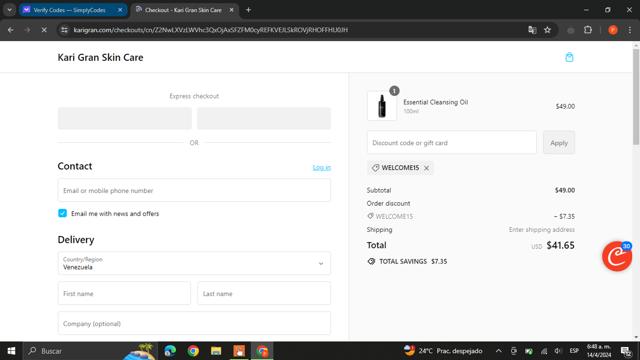 Kari Gran checkout page showing Kari Gran discount code box | Screenshot taken by SimplyCodes community member on Apr 14, 2024