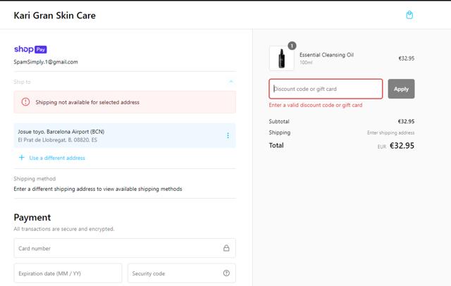 Kari Gran checkout page showing Kari Gran discount code box | Screenshot taken by SimplyCodes community member on Feb 19, 2024