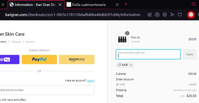 Kari Gran checkout page showing Kari Gran discount code box | Screenshot taken by SimplyCodes community member on Nov 2, 2023