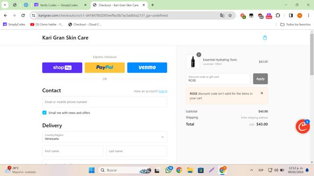 Kari Gran checkout page showing Kari Gran discount code box | Screenshot taken by SimplyCodes community member on Feb 9, 2024