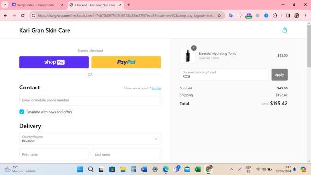Kari Gran checkout page showing Kari Gran discount code box | Screenshot taken by SimplyCodes community member on Feb 23, 2024