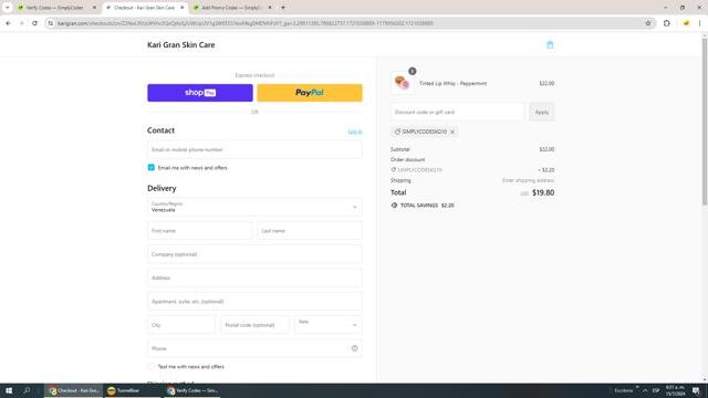 Kari Gran checkout page showing Kari Gran discount code box | Screenshot taken by SimplyCodes community member on Jul 15, 2024