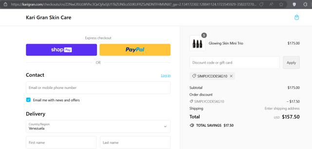 Kari Gran checkout page showing Kari Gran discount code box | Screenshot taken by SimplyCodes community member on Aug 13, 2024