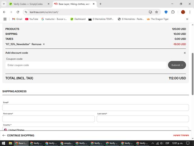 Kari Traa checkout page showing Kari Traa discount code box | Screenshot taken by SimplyCodes community member on Aug 7, 2025