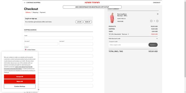 Kari Traa checkout page showing Kari Traa discount code box | Screenshot taken by SimplyCodes community member on May 18, 2025