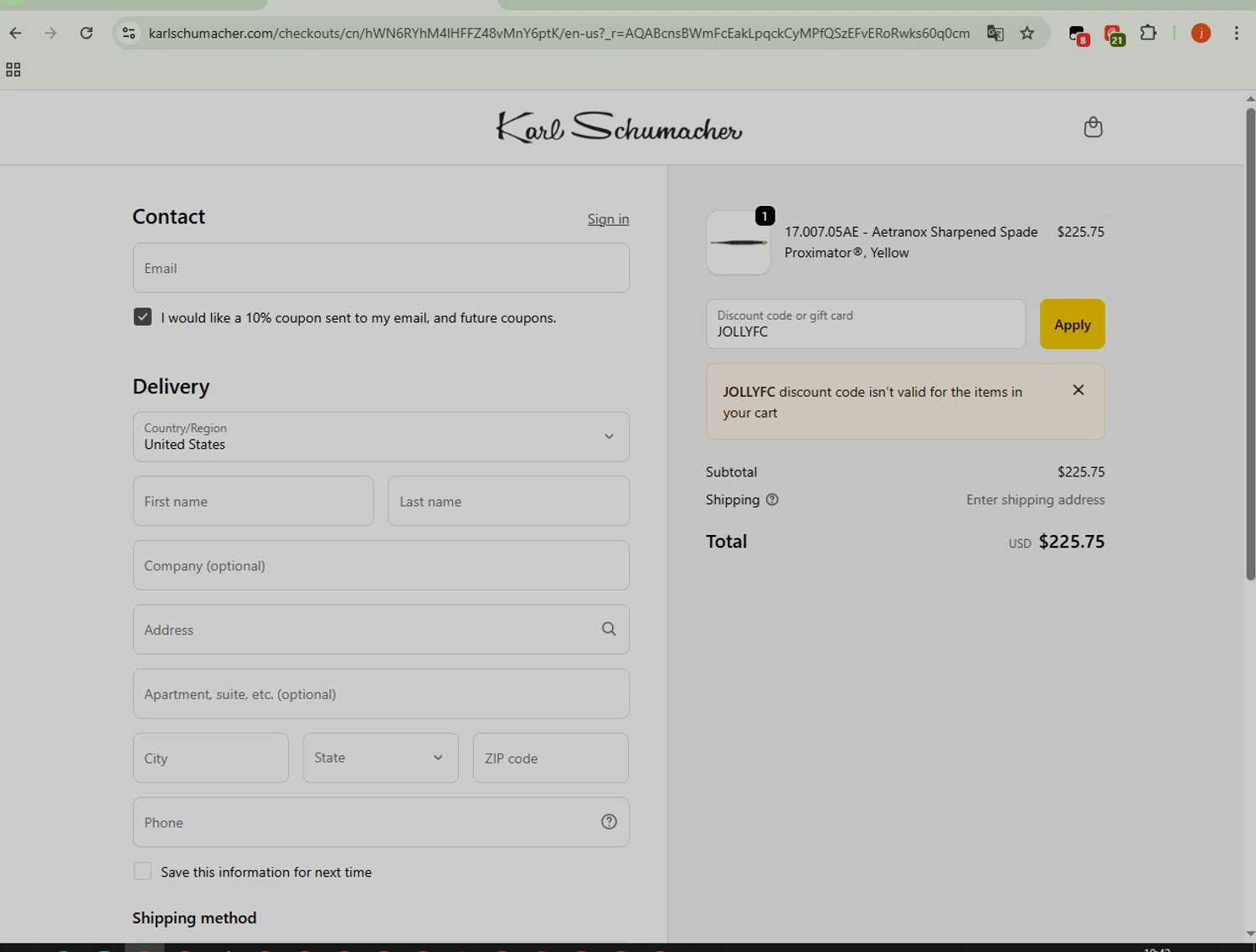 Karl Schumacher promo code screenshot showing code JOLLYFC applied at Karl Schumacher checkout page. Uploaded by SimplyCodes community member WonderSpotter5339 on Dec 15, 2025