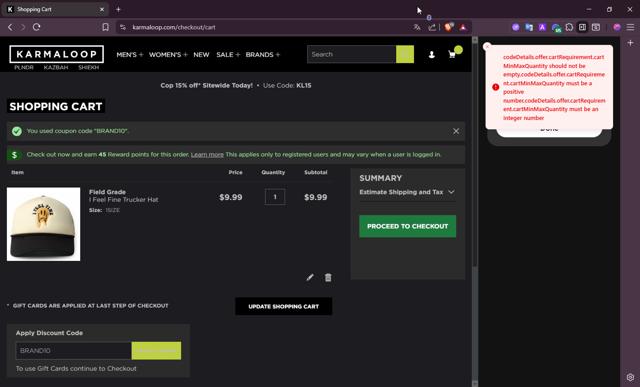 Karmaloop checkout page showing Karmaloop promo code box | Screenshot taken by SimplyCodes community member on Sep 13, 2025