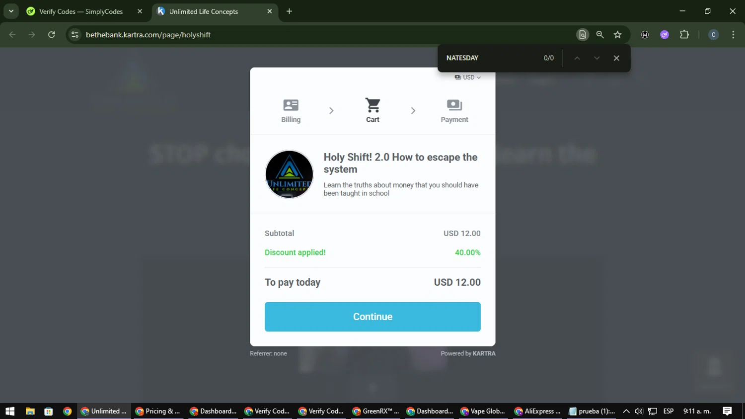 Kartra promo code screenshot showing code NATESDAY applied at Kartra checkout page. Uploaded by SimplyCodes community member Nata_Montana on Nov 9, 2025