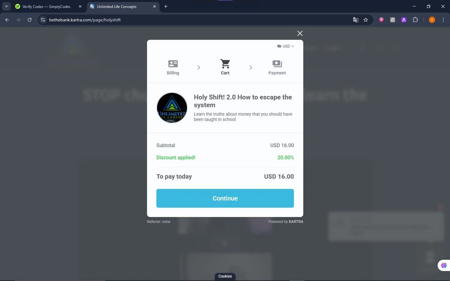 Kartra promo code screenshot showing code BYOB applied at Kartra checkout page. Uploaded by SimplyCodes community member NobleScholar188 on Dec 23, 2025