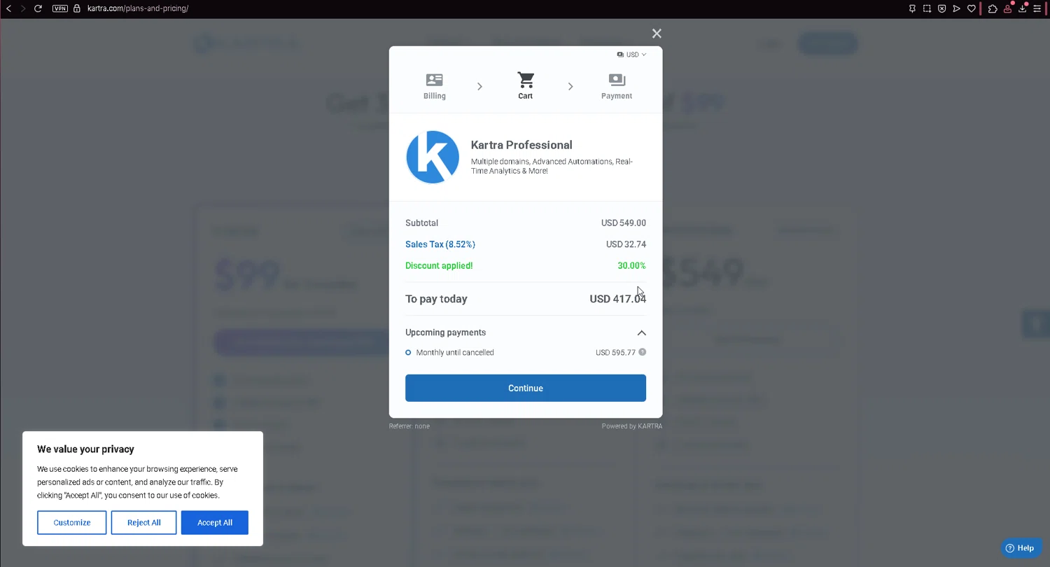 Kartra promo code screenshot showing code EXTRA30 applied at Kartra checkout page. Uploaded by SimplyCodes community member leonardjose on May 18, 2025