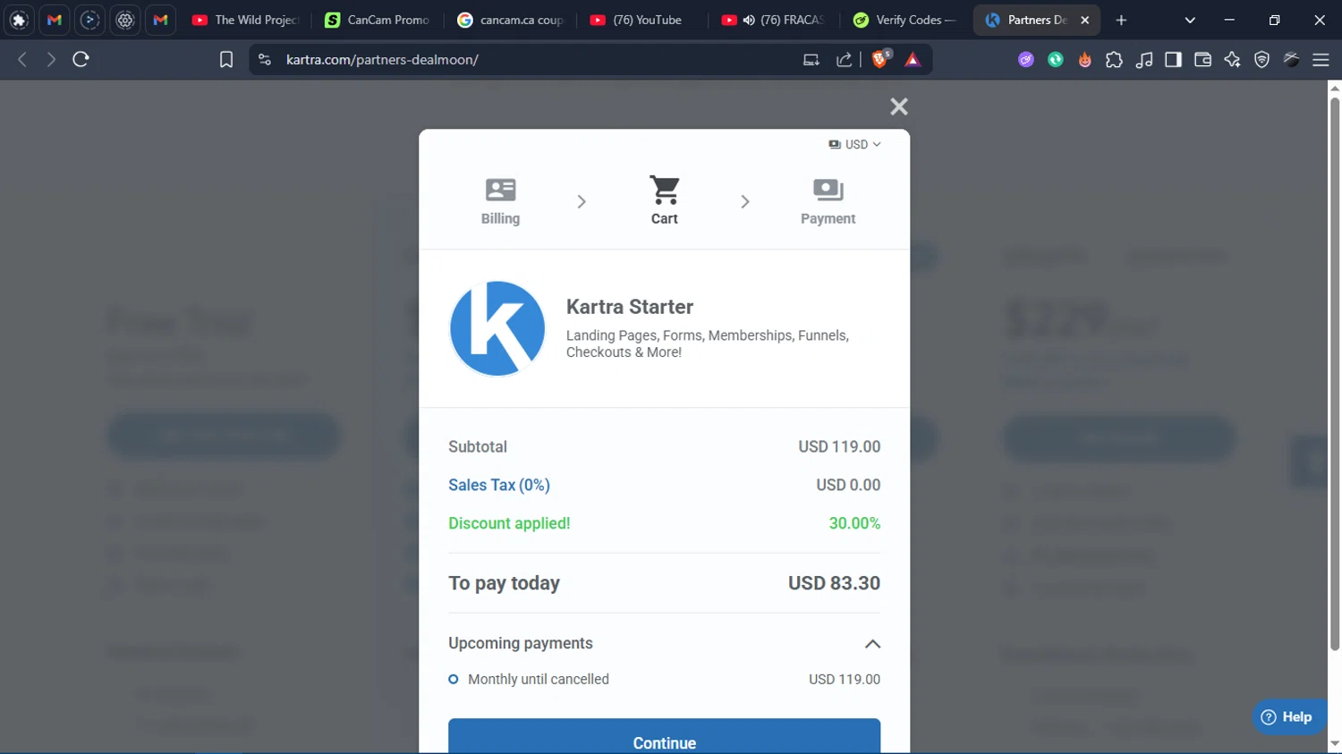 Kartra promo code screenshot showing code DEALMOON30 applied at Kartra checkout page. Uploaded by SimplyCodes community member Charlote on Oct 4, 2025