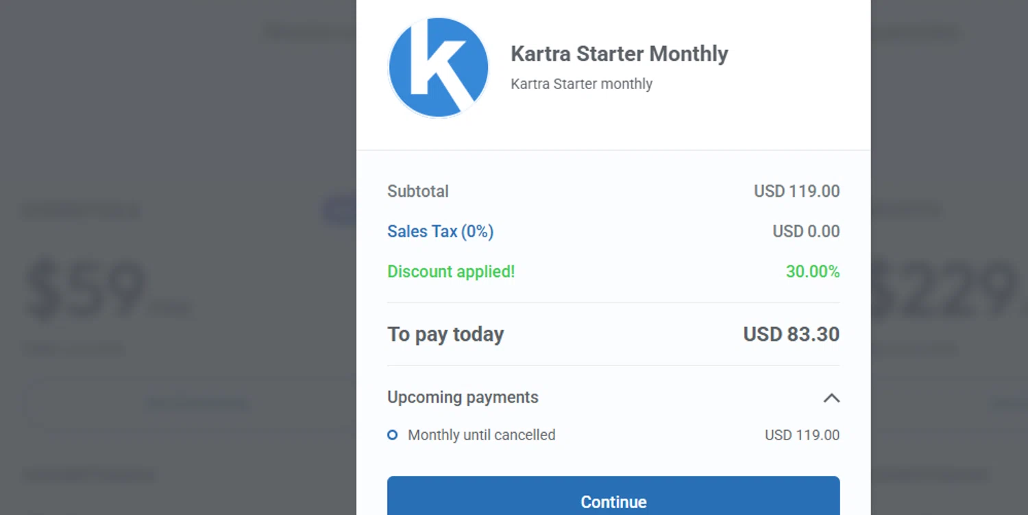 Kartra promo code screenshot showing code DEALMOON30 applied at Kartra checkout page. Uploaded by SimplyCodes community member Fish3r on Aug 7, 2025