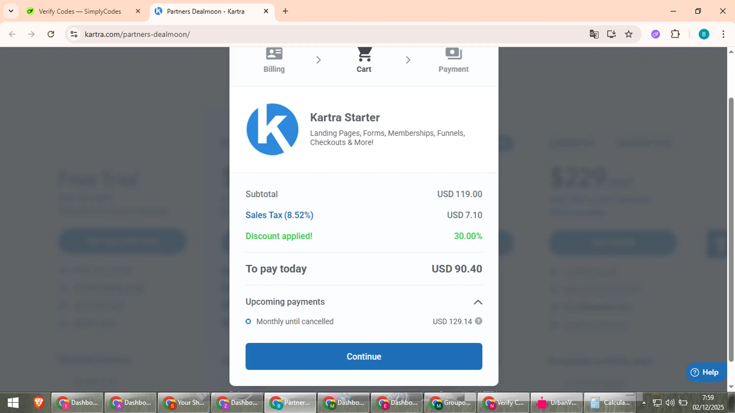 Kartra promo code screenshot showing code DEALMOON30 applied at Kartra checkout page. Uploaded by SimplyCodes community member QuestScholar5572 on Dec 2, 2025