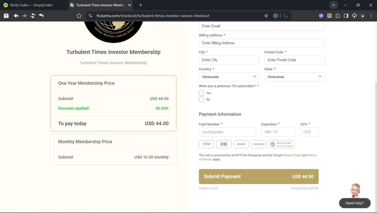Kartra promo code screenshot showing code invest2025 applied at Kartra checkout page. Uploaded by SimplyCodes community member BudgetCollector3125 on Dec 6, 2025