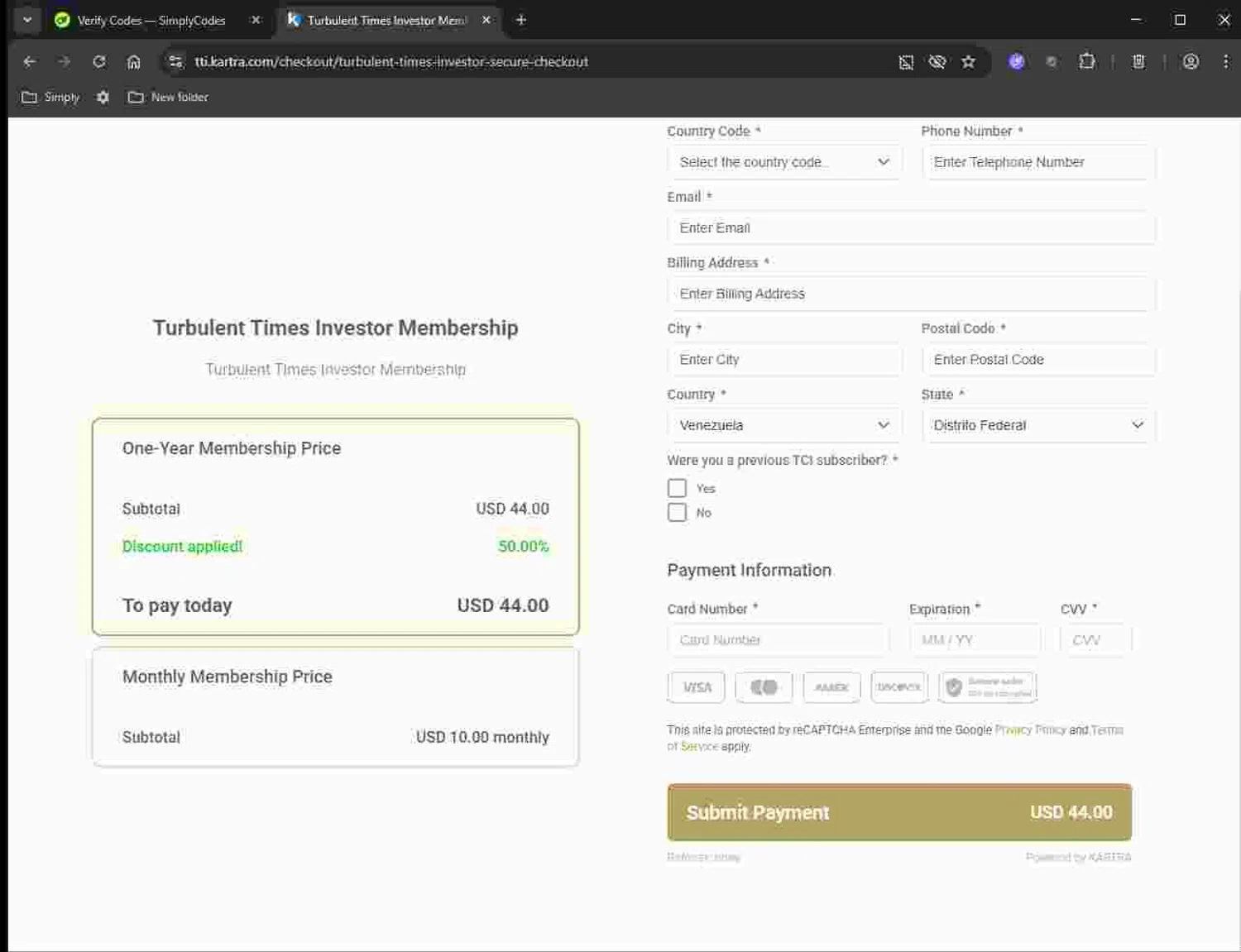 Kartra promo code screenshot showing code invest2025 applied at Kartra checkout page. Uploaded by SimplyCodes community member Deadpool on Nov 7, 2025