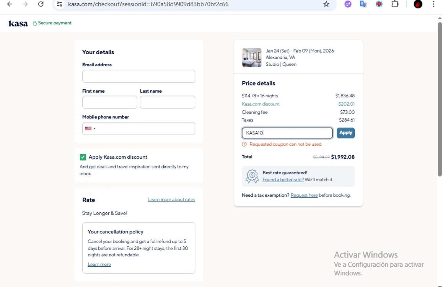 Kasa promo code screenshot showing code KASA10 applied at Kasa checkout page. Uploaded by SimplyCodes community member Francisco01 on Nov 4, 2025
