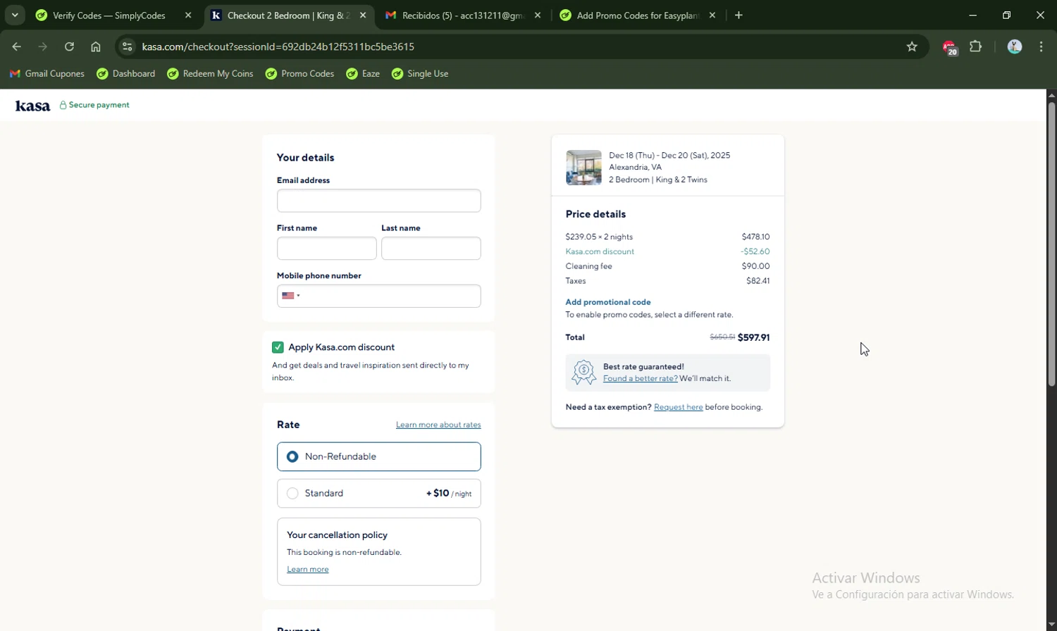 Kasa promo code screenshot showing code KASA10 applied at Kasa checkout page. Uploaded by SimplyCodes community member LHaunter2 on Dec 1, 2025
