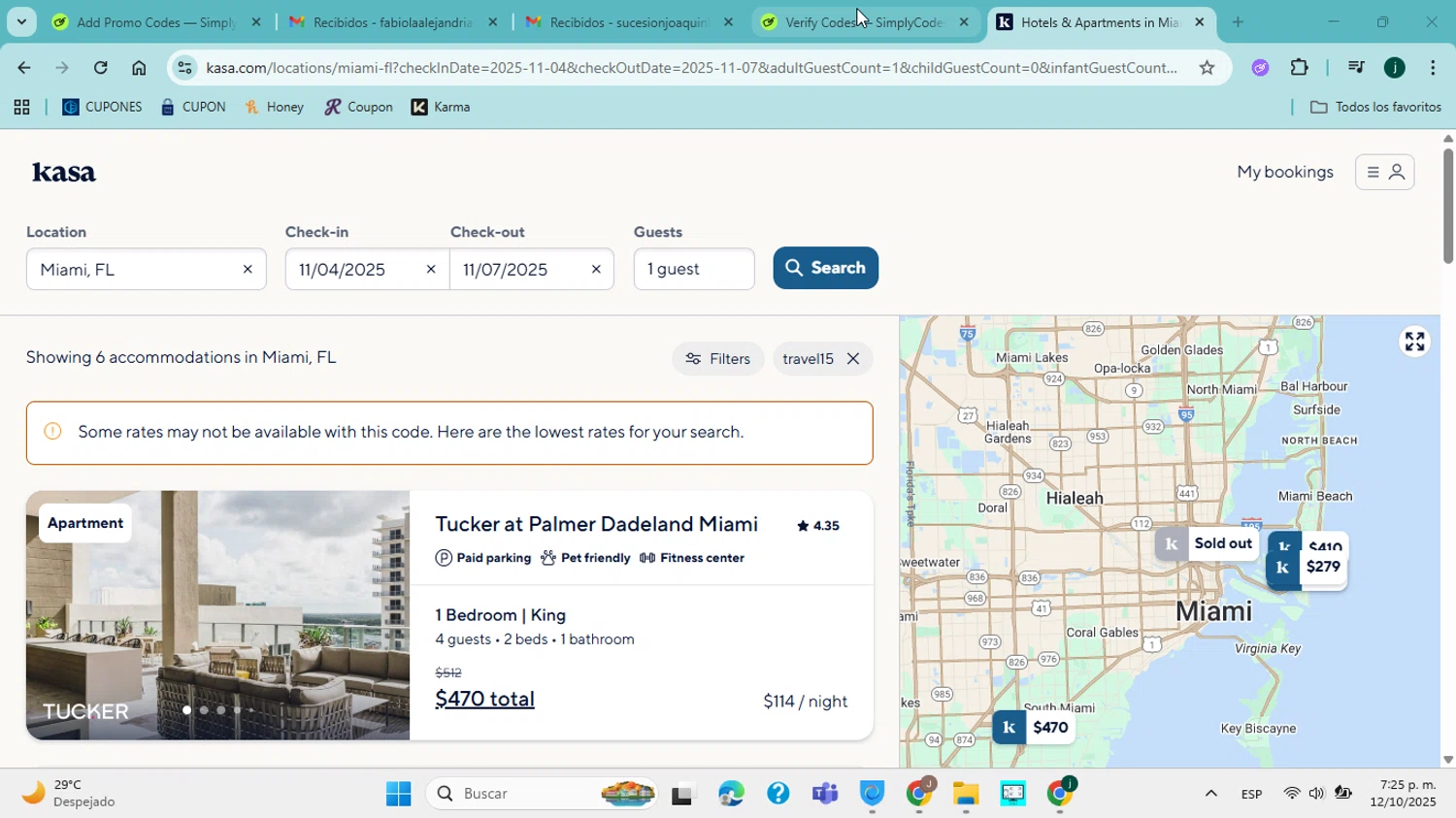 Kasa promo code screenshot showing code travel15 applied at Kasa checkout page. Uploaded by SimplyCodes community member jorgejavierherrera on Oct 12, 2025
