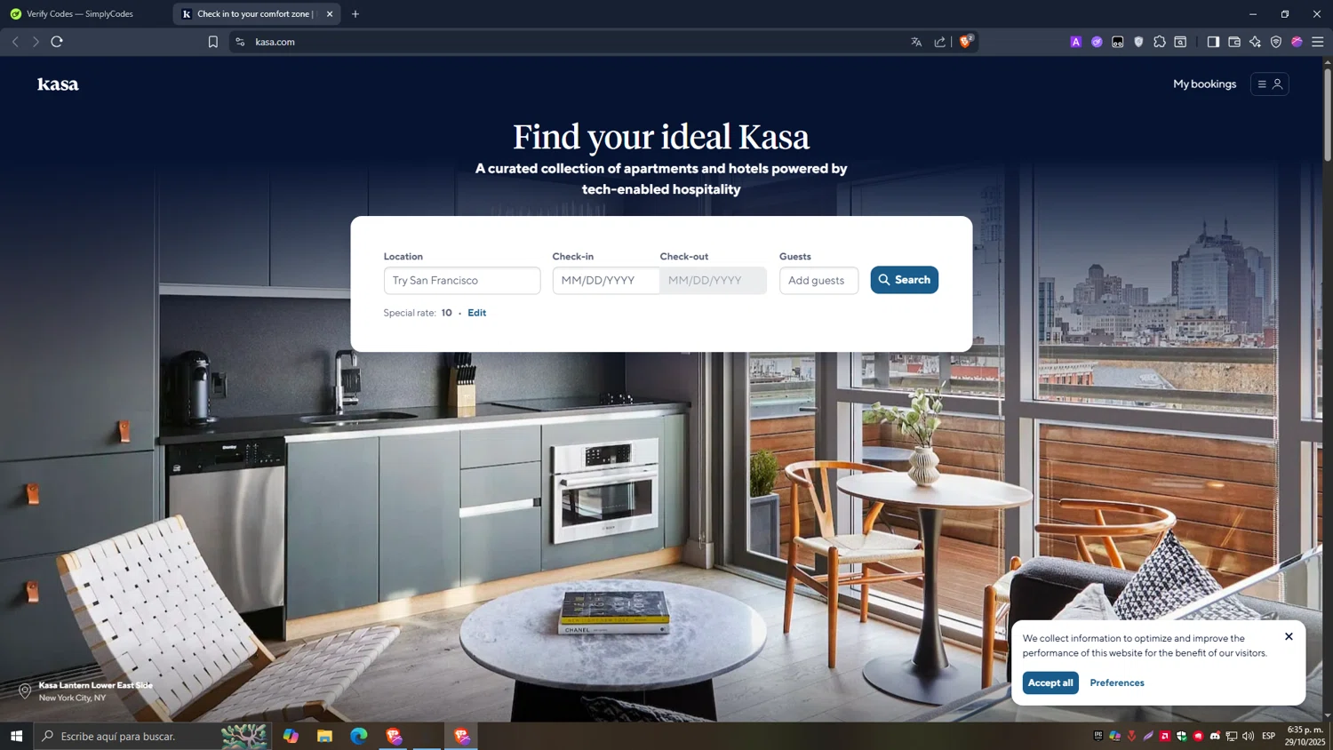 Kasa promo code screenshot showing code 10 applied at Kasa checkout page. Uploaded by SimplyCodes community member Carlos54 on Oct 29, 2025