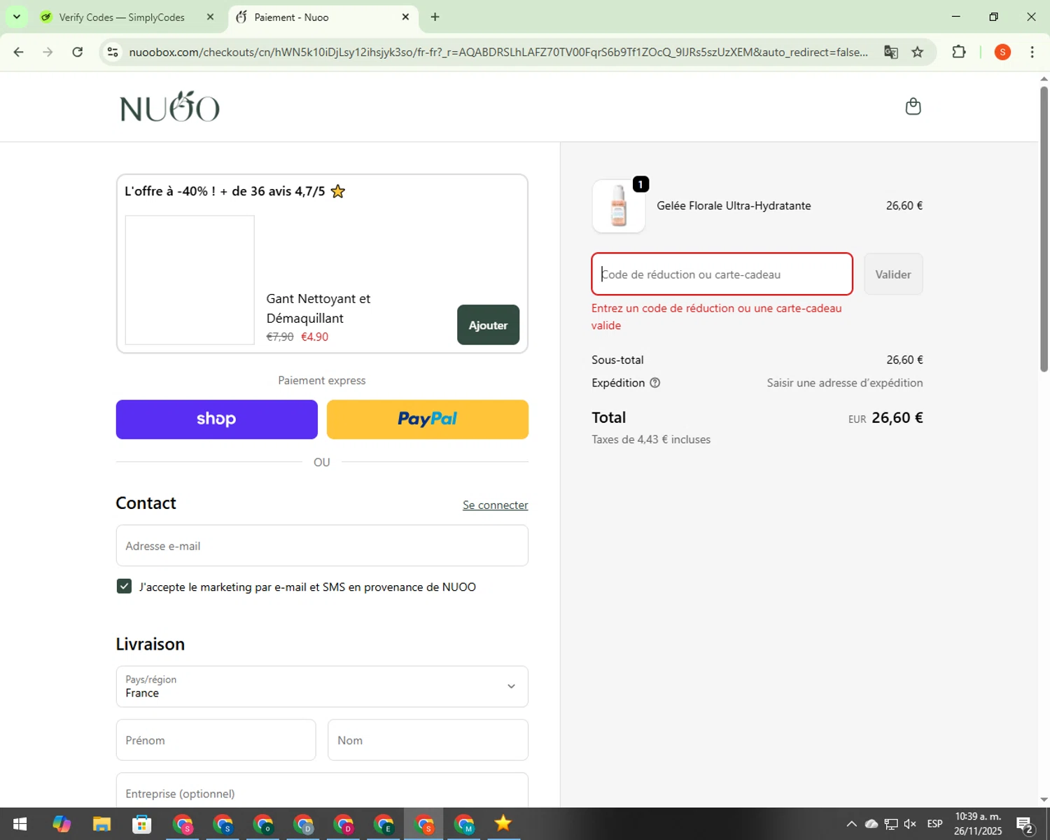 Kasa promo code screenshot showing code NOV10 applied at Kasa checkout page. Uploaded by SimplyCodes community member 00000008 on Nov 26, 2025