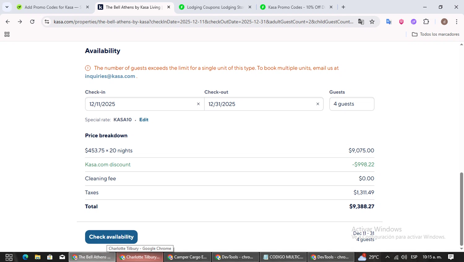 Kasa promo code screenshot showing code KASA10 applied at Kasa checkout page. Uploaded by SimplyCodes community member SavingsBoss991 on Dec 1, 2025