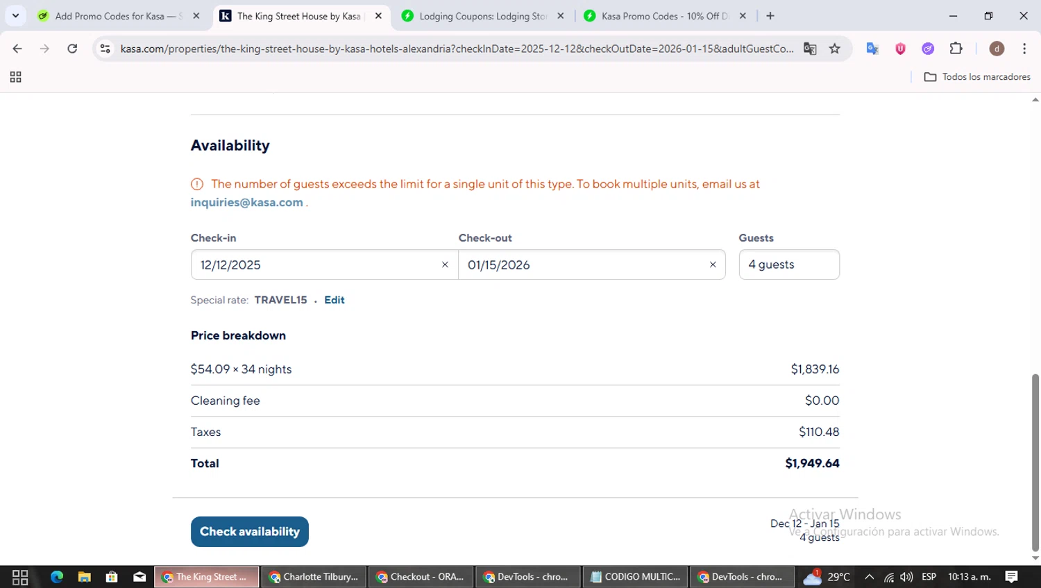 Kasa promo code screenshot showing code TRAVEL15 applied at Kasa checkout page. Uploaded by SimplyCodes community member SavingsBoss991 on Dec 1, 2025