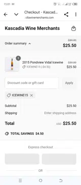 ICEWINE15 coupon verification screenshot