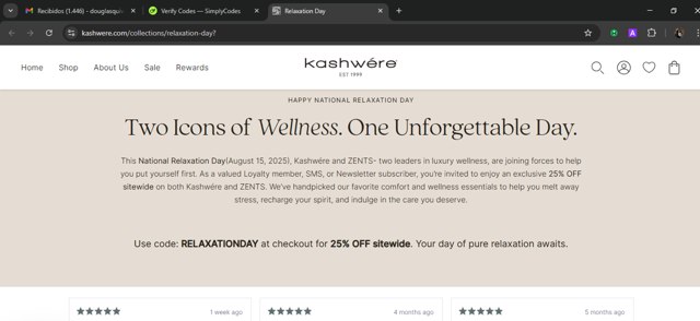 Kashwére checkout page showing Kashwére promo code box | Screenshot taken by SimplyCodes community member on Aug 17, 2025