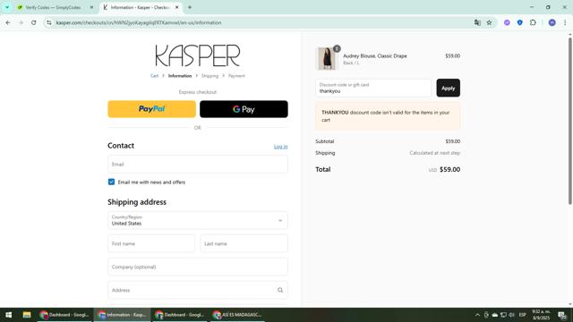 Kasper checkout page showing Kasper discount code box | Screenshot taken by SimplyCodes community member on Sep 8, 2025