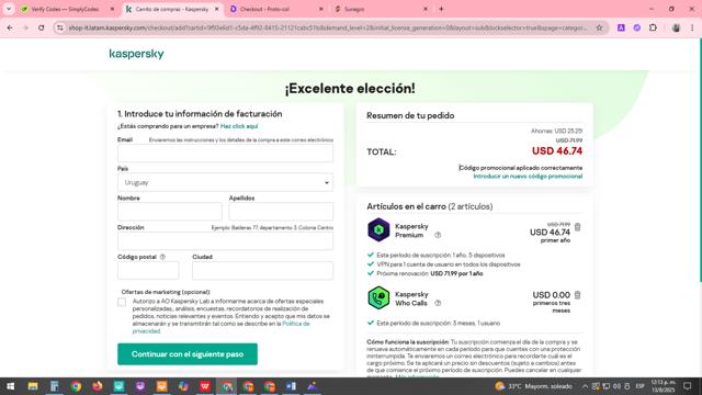 Kaspersky Lab checkout page showing Kaspersky Lab promo code box | Screenshot taken by SimplyCodes community member on Aug 13, 2025