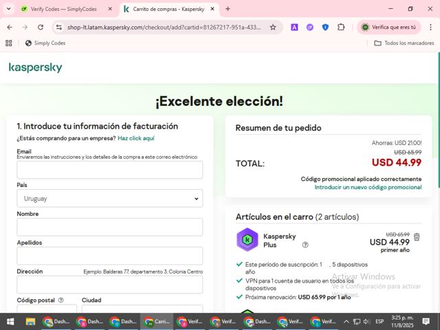 Kaspersky Lab checkout page showing Kaspersky Lab promo code box | Screenshot taken by SimplyCodes community member on Aug 11, 2025