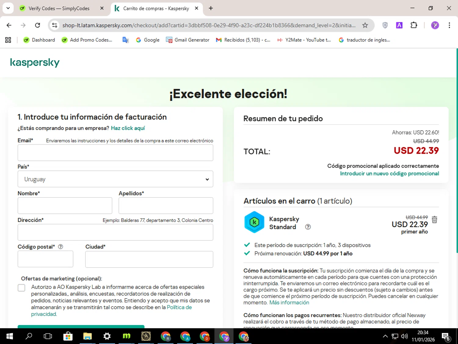 Kaspersky Lab promo code screenshot showing code HACKEMATE applied at Kaspersky Lab checkout page. Uploaded by SimplyCodes community member CouponSentinel5832 on Jan 12, 2026