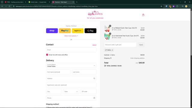 Kate Aspen checkout page showing Kate Aspen promo code box | Screenshot taken by SimplyCodes community member on Sep 3, 2025