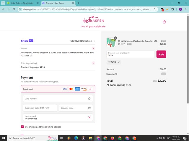 Kate Aspen checkout page showing Kate Aspen promo code box | Screenshot taken by SimplyCodes community member on Aug 26, 2025