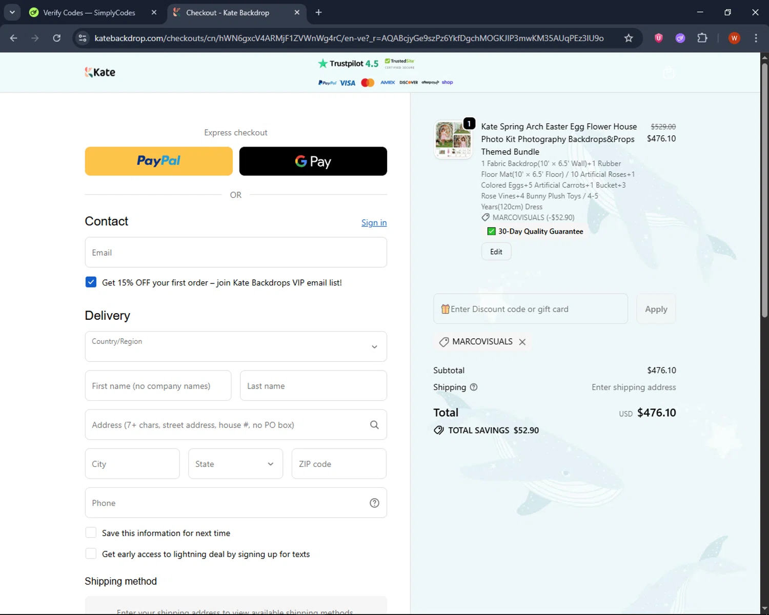 KATE BACKDROP promo code screenshot showing code MARCOVISUALS applied at KATE BACKDROP checkout page. Uploaded by SimplyCodes community member CashPro9699 on Dec 21, 2025