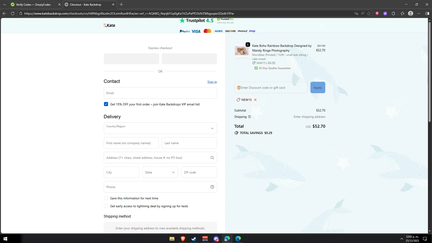 KATE BACKDROP promo code screenshot showing code NEW15 applied at KATE BACKDROP checkout page. Uploaded by SimplyCodes community member Mondongo on Dec 21, 2025