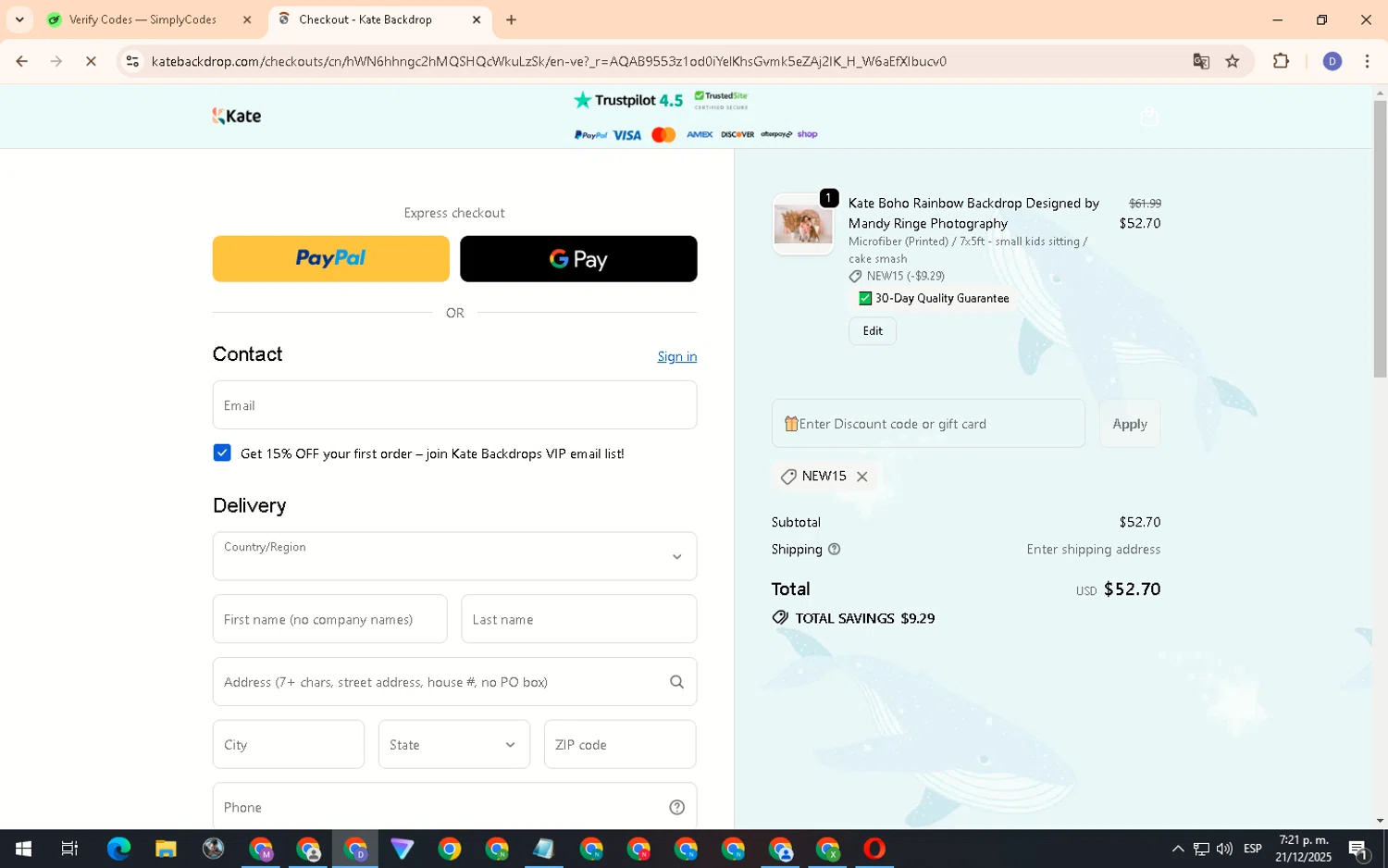 KATE BACKDROP promo code screenshot showing code NEW15 applied at KATE BACKDROP checkout page. Uploaded by SimplyCodes community member PennyCurator6489 on Dec 21, 2025