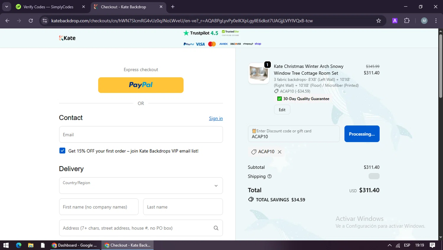 KATE BACKDROP promo code screenshot showing code ACAP10 applied at KATE BACKDROP checkout page. Uploaded by SimplyCodes community member maraxo on Jan 10, 2026