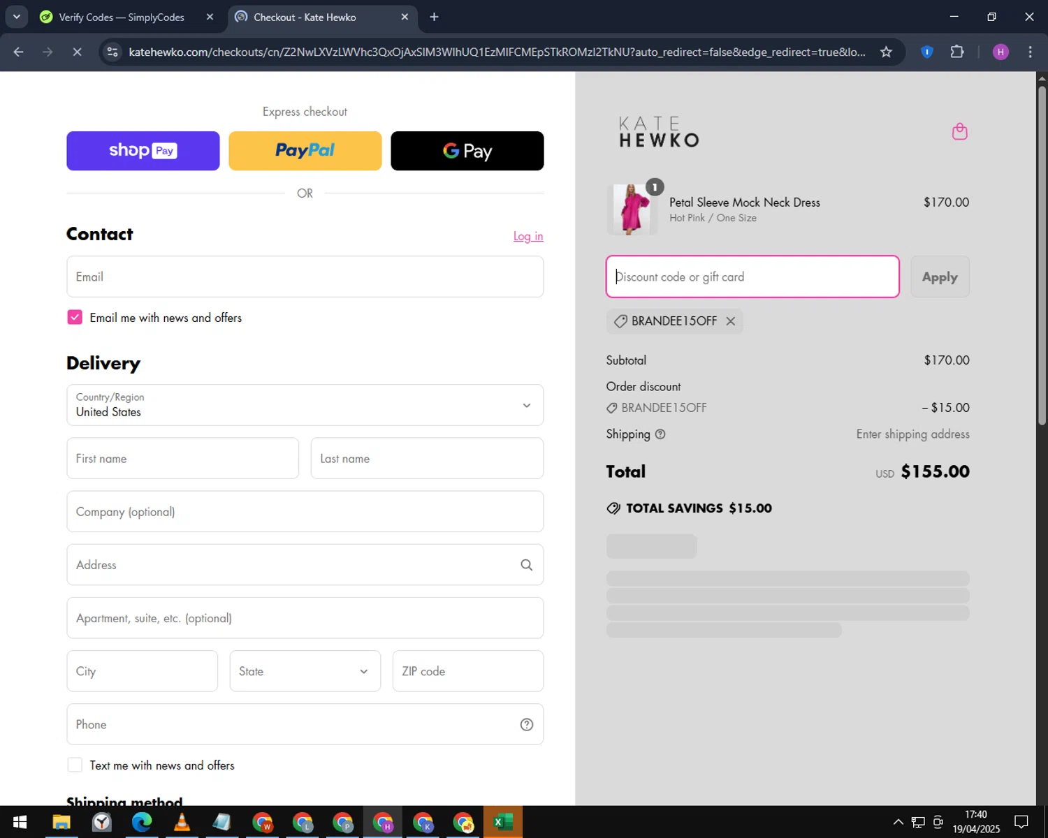Kate Hewko discount code screenshot showing code Brandee15off applied at Kate Hewko checkout page. Uploaded by SimplyCodes community member TokenNavigator6891 on Apr 19, 2025