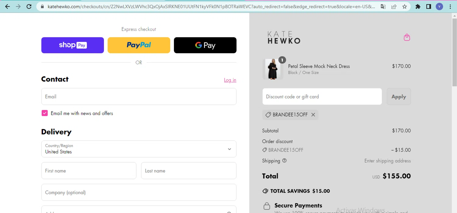 Kate Hewko discount code screenshot showing code Brandee15off applied at Kate Hewko checkout page. Uploaded by SimplyCodes community member beatrizcastillo on May 6, 2025