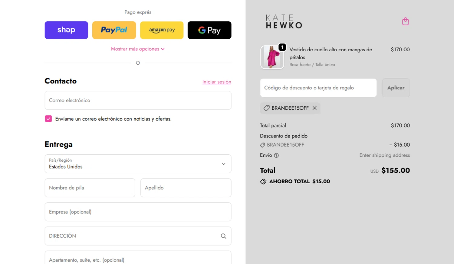 Kate Hewko discount code screenshot showing code Brandee15off applied at Kate Hewko checkout page. Uploaded by SimplyCodes community member yunexxx on Dec 6, 2025