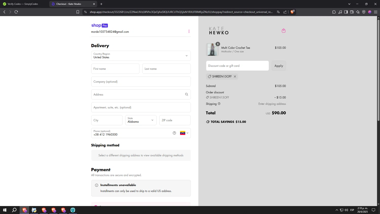 Kate Hewko discount code screenshot showing code SHIREEN15OFF applied at Kate Hewko checkout page. Uploaded by SimplyCodes community member kkkkkkkkkkkkkkkkkkkk on Jun 26, 2025