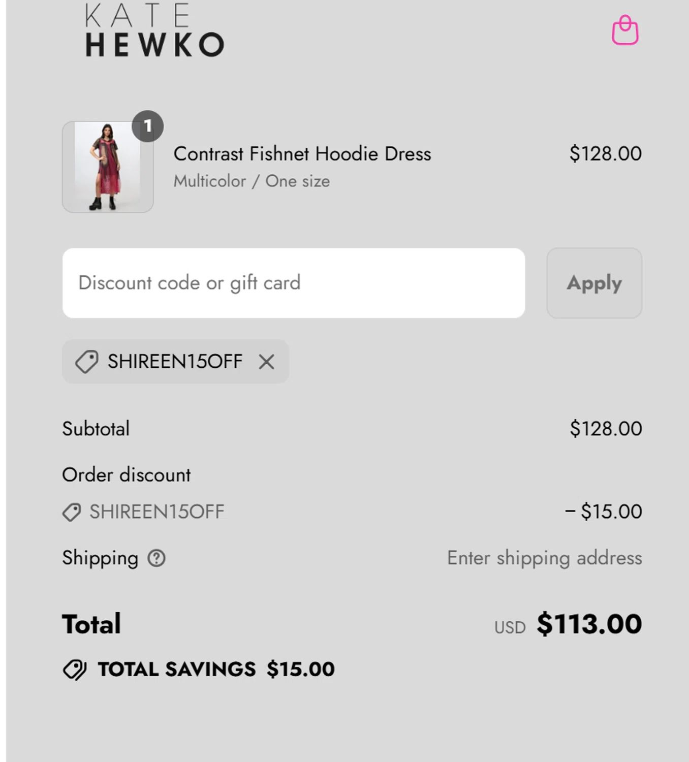 Kate Hewko discount code screenshot showing code SHIREEN15OFF applied at Kate Hewko checkout page. Uploaded by SimplyCodes community member VoucherFox5084 on Aug 27, 2025