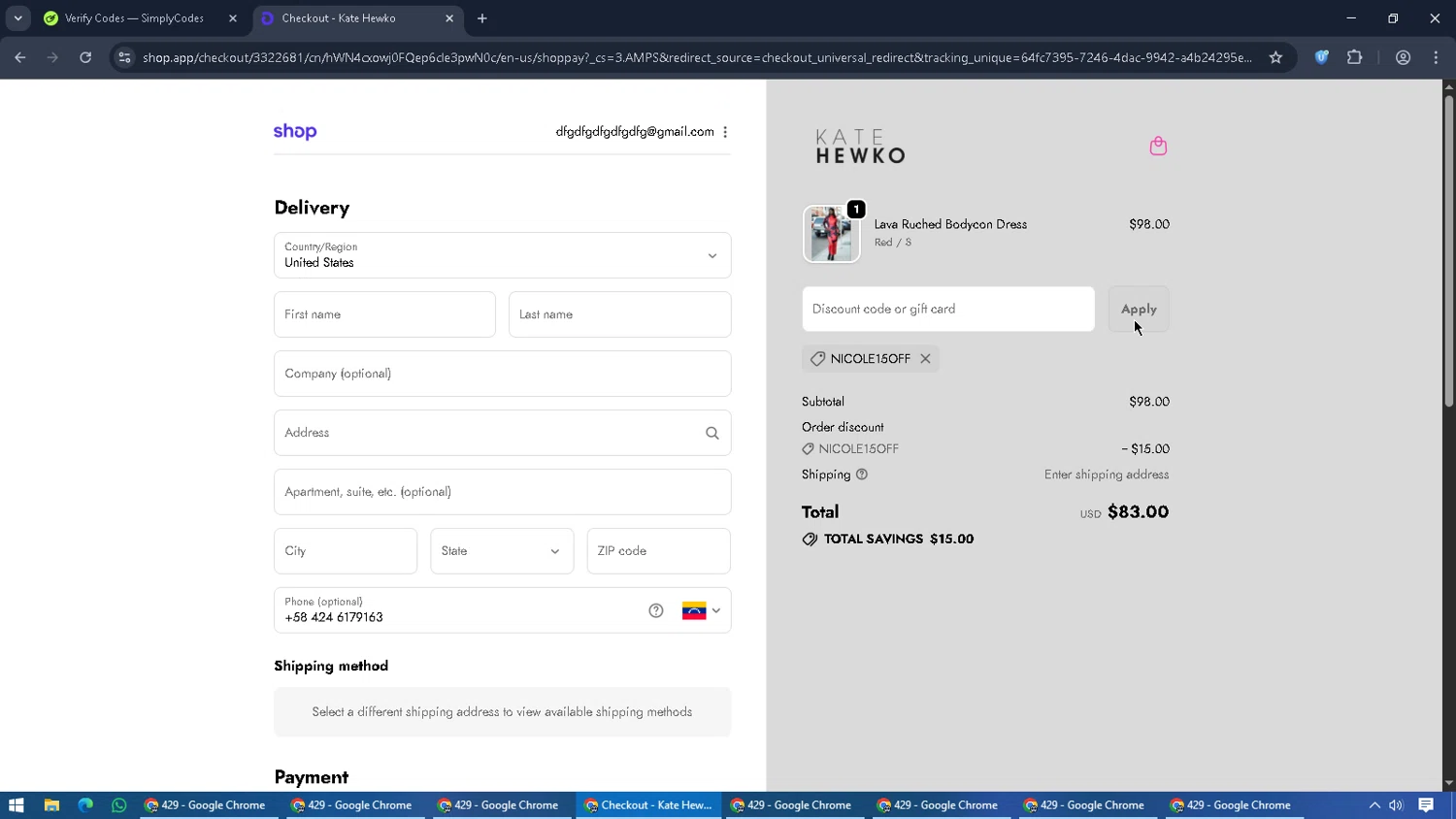Kate Hewko discount code screenshot showing code NICOLE15OFF applied at Kate Hewko checkout page. Uploaded by SimplyCodes community member CouponGuardian8137 on Oct 28, 2025