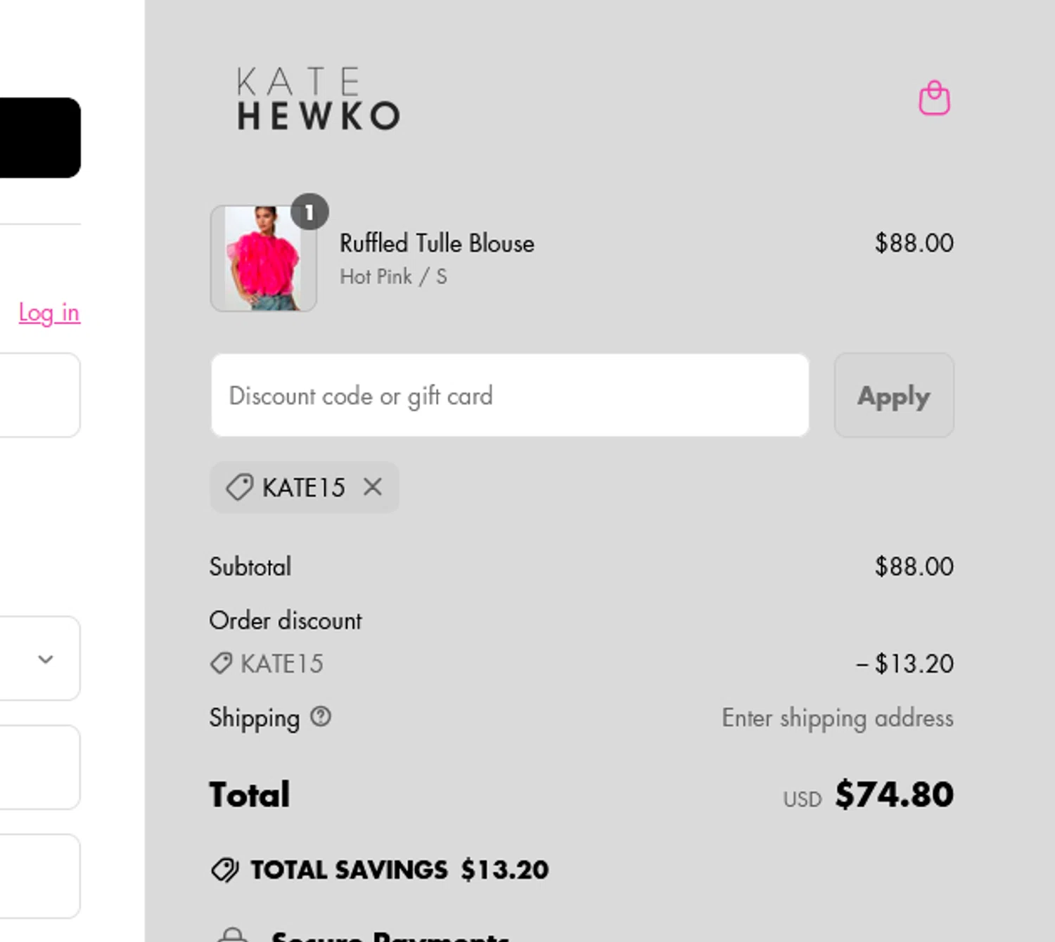 Kate Hewko discount code screenshot showing code Kate15 applied at Kate Hewko checkout page. Uploaded by SimplyCodes community member tuvalu10 on May 16, 2025
